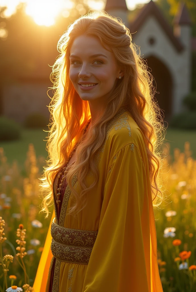 a close-up of a person in a yellow outfit standing in a field, triss marigold, seductive hypnotist woman, scene where she is in rivendell, Cattie - Brie de Mithril Hall, Dwarf Noblewoman, female elf, yellow coats, golden robes, yellow coat, elf character with smile, vistiendo golden robes