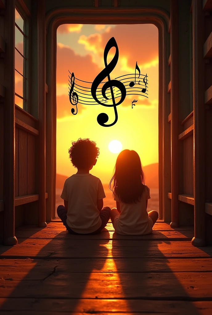 Wanna, that in the image there are 2 people a boy and a girl of , in a sunset, on a train, below all that, that you put a treble clef, The title in Spanish will be: Music on the Rails that put it up, below next to the treble clef I want you to put in Spanish: Written by Rafael Melgar. 
But not animated, but a little more realistic.
