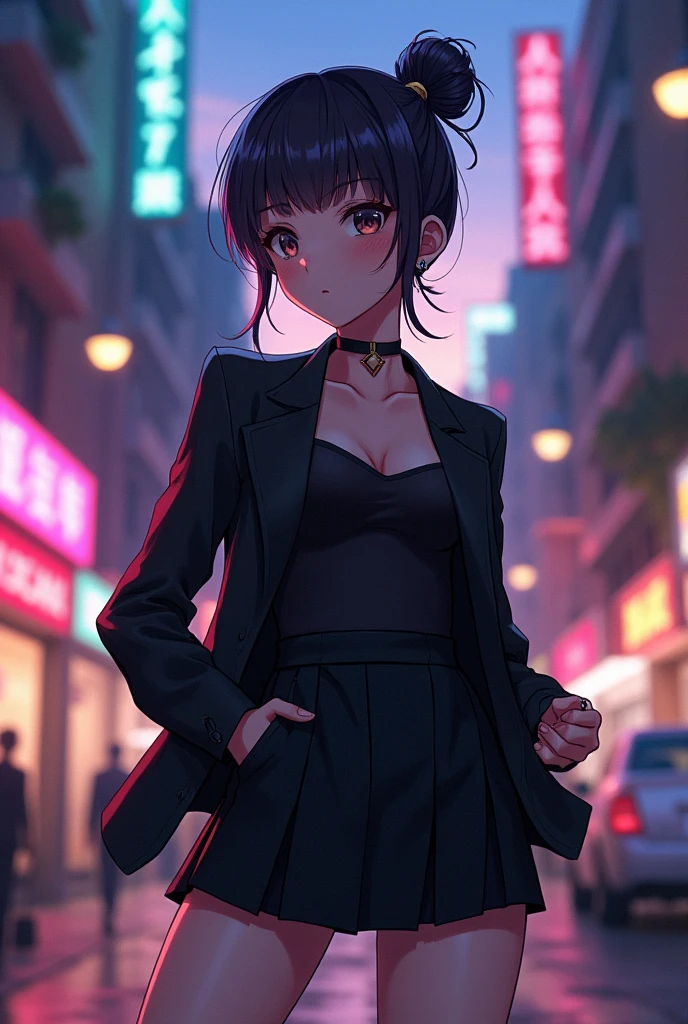 Female Gojo Satoru from Jujutsu Kaisen wearing a black jacket, black blouse,  skirt and tied hair

(big breasts, sexy and flirty body)

(anime)
