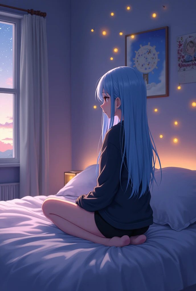 Anime girl sitting on a nightgown with black sweater and black shorts