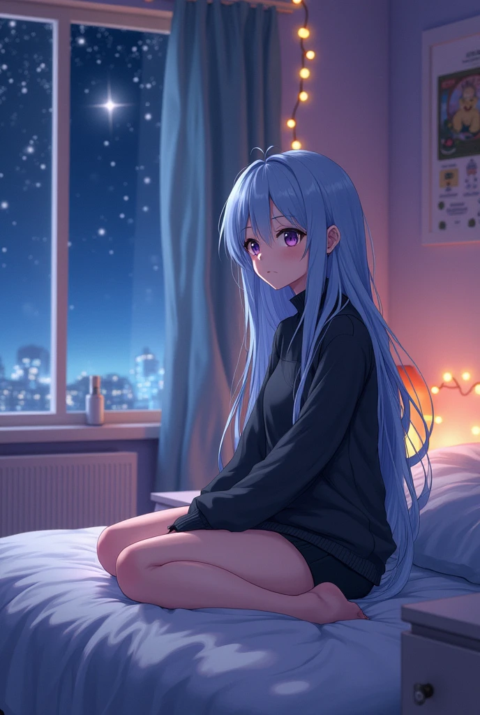 Anime girl sitting on a nightgown with black sweater and black shorts