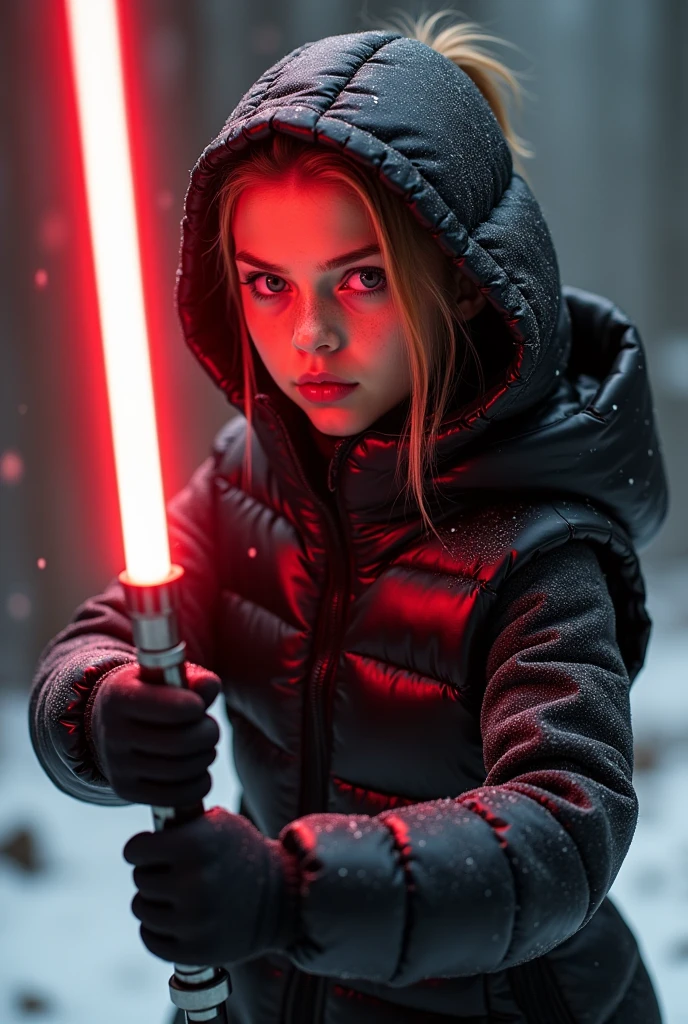  a slim ponytail  angry fire-eyed sith wielding her bright lightsaber battling with her slim nemesis,beautiful detailed eyes,beautiful freckles,beautiful detailed lips,extremely detailed eyes and face,longeyelashes, wearing beautiful detailed skintight airtight covering-head hooded formfitting duvetica overfilled shiny super gleamy  thick glossy puffervest covering over her  padded high-collared pufferjacket, glossy latex  leggings,symmetrical,masterpiece,cinematic,lifelike,hyperrealistic,8k,photorealistic,highly detailed,intricate,exquisite,elegant,beautiful,stunning