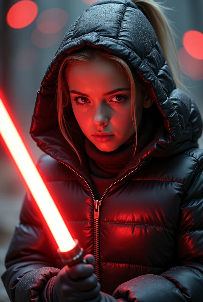  a slim ponytail 16 year old angry fire-eyed sith wielding her bright lightsaber battling with her slim nemesis,beautiful detailed eyes,beautiful freckles,beautiful detailed lips,extremely detailed eyes and face,longeyelashes, wearing beautiful detailed skintight airtight covering-head hooded formfitting duvetica overfilled shiny super gleamy  thick glossy puffervest covering over her  padded high-collared pufferjacket, glossy latex  leggings,symmetrical,masterpiece,cinematic,lifelike,hyperrealistic,8k,photorealistic,highly detailed,intricate,exquisite,elegant,beautiful,stunning