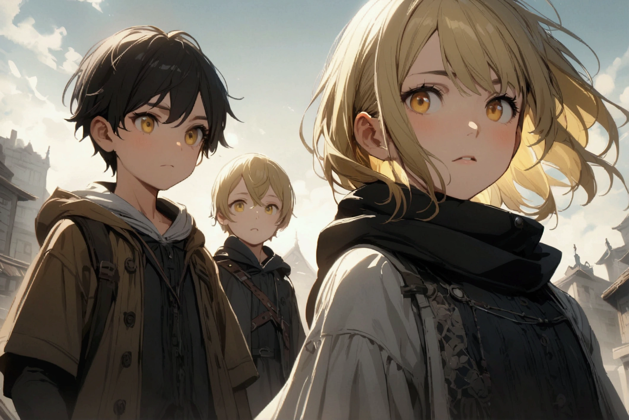 three children with black and blonde hair, and black and yellow eyes