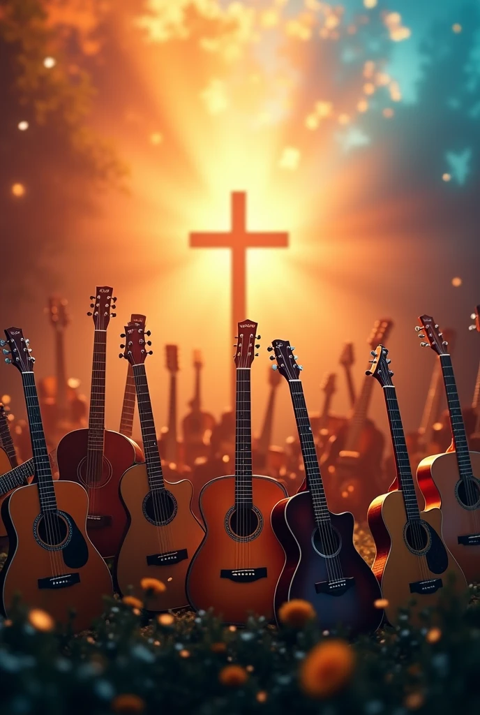 Create an 8k image for a Christian music YouTube channel featuring musical instruments and vibrant colors.