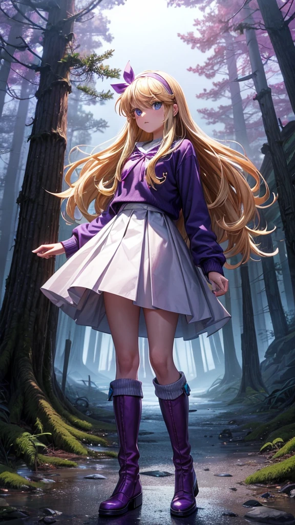 Create an image of Pacifica Northwest from Gravity Falls. She is a teenage girl with long, wavy blonde hair and blue eyes. She often wears a purple headband and a stylish, preppy outfit, typically featuring a purple sweater, a white skirt, and matching purple boots. The background should reflect the whimsical, mysterious atmosphere of Gravity Falls with elements like pine trees, a spooky forest, and perhaps the iconic Mystery Shack in the distance.