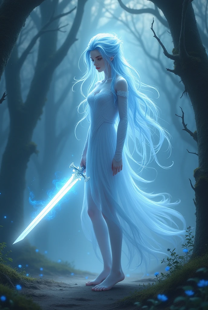 Hair colorlight blue、Hold the sword sideways、Gender: Male、
It's a ghost that looks kind and has legs.