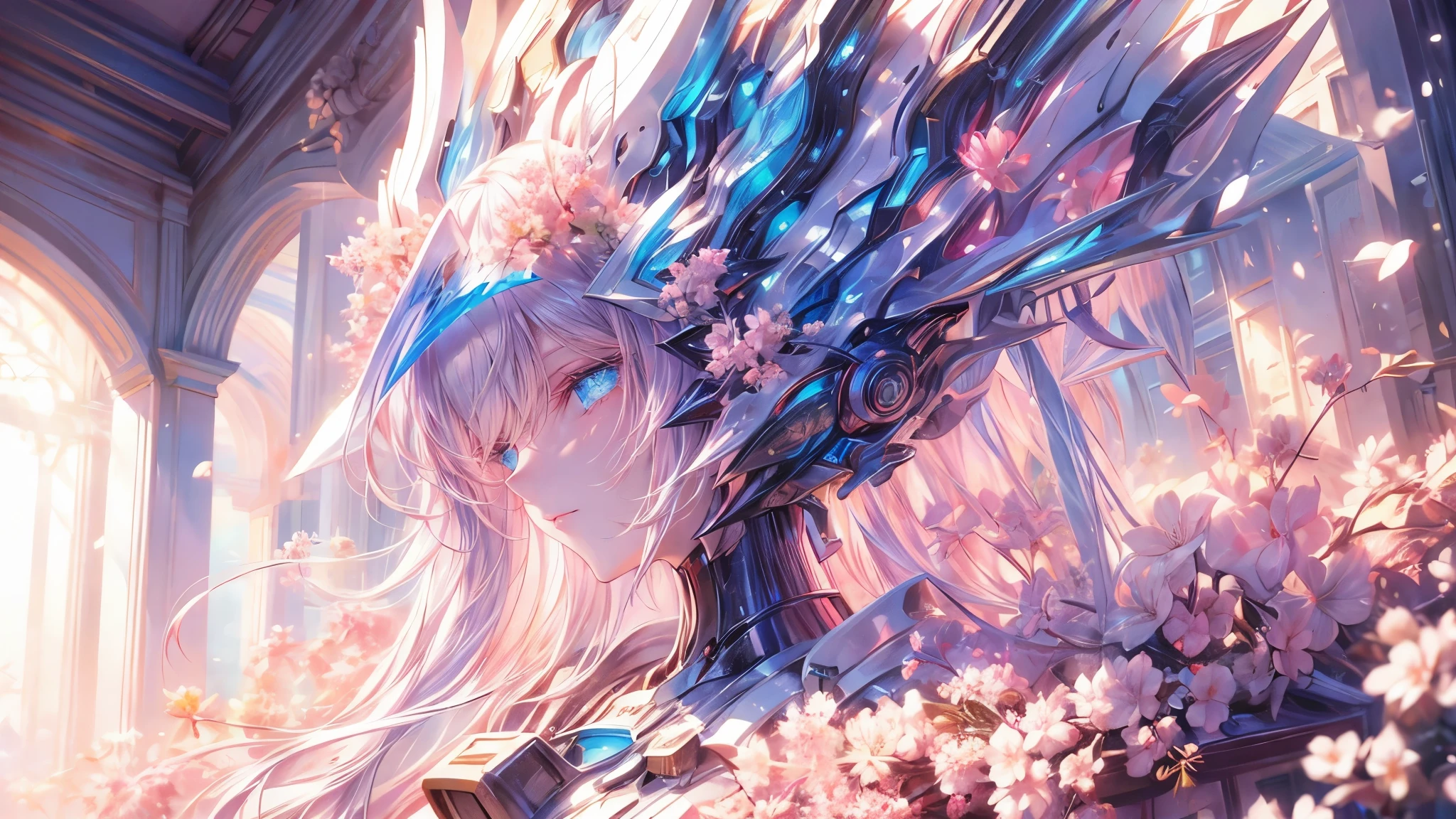 Detailed anime style, Beautiful and stunning artwork, Bright shadows, strong colors, Pastel cotton candy, a beautiful woman, pink hair, blue eyes, Beautiful scenery, Cherry blossom leaves, Linear and detailed illustration