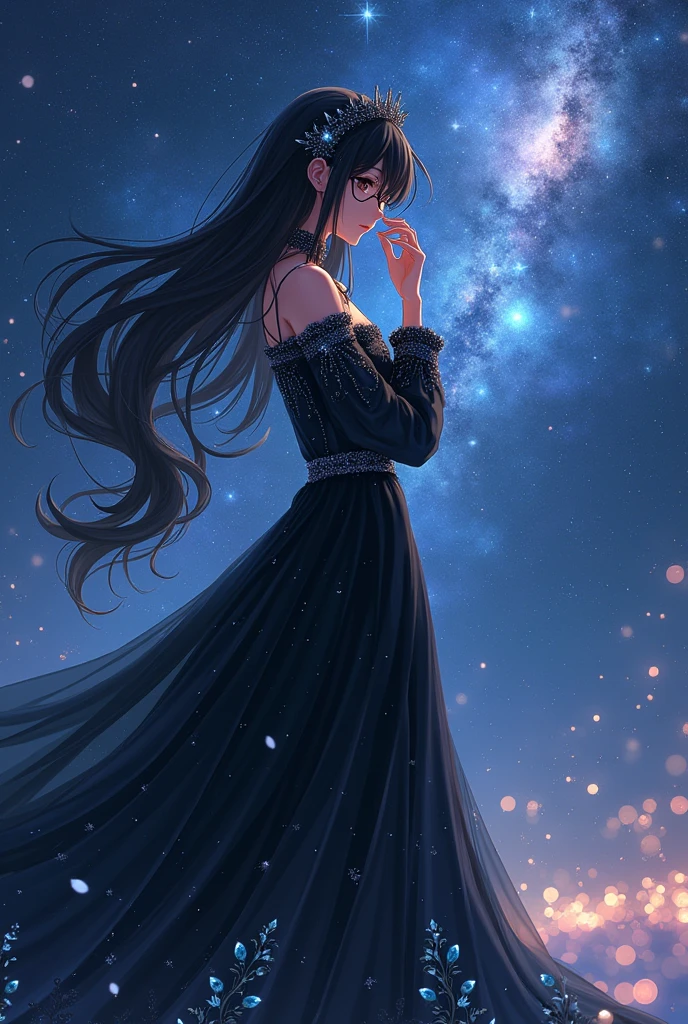 beautiful female anime character in a dress full of fabric, long and black, long and full hair, japanese, with stone details on the dress, background involving cosmology, well animeee, wearing glasses, with clothes made of more fabric, long robe, with long sleeves and full, no cleavage