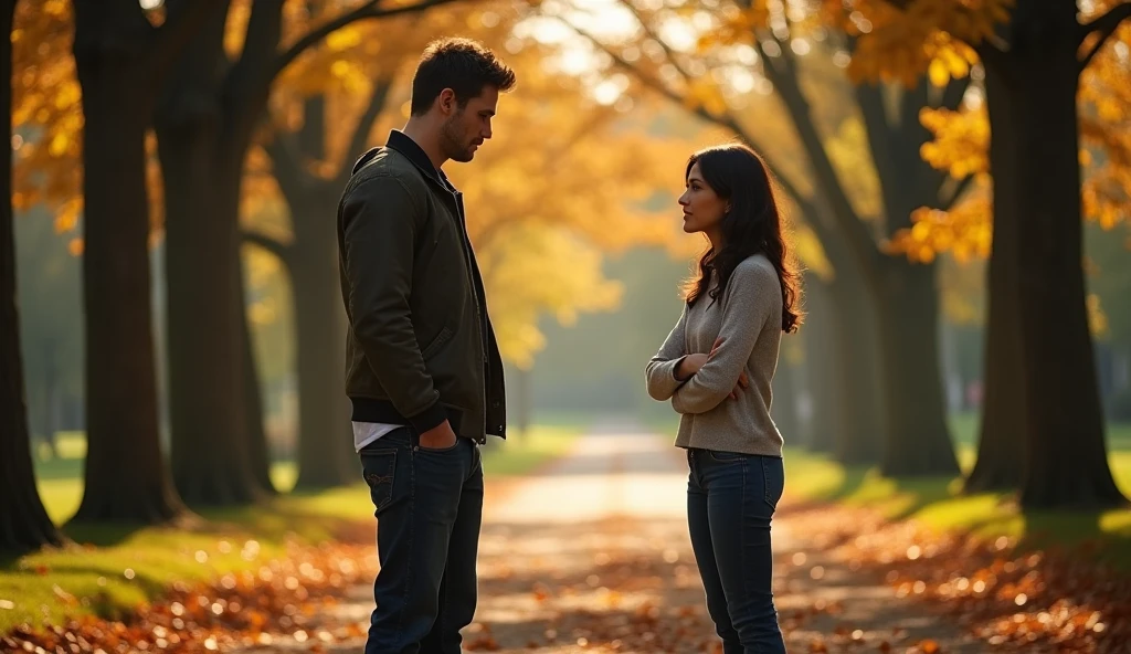 A tense confrontation in a quiet park in the suburbs, with tall trees and a path lined with fallen leaves. Ethan, wearing a casual yet stylish jacket, looks heartbroken as he pleads with Olivia, who stands a few feet away in a simple sweater and jeans, her arms crossed and her face conflicted. The scene is bathed in the golden light of late afternoon, with a sense of impending sadness in the air