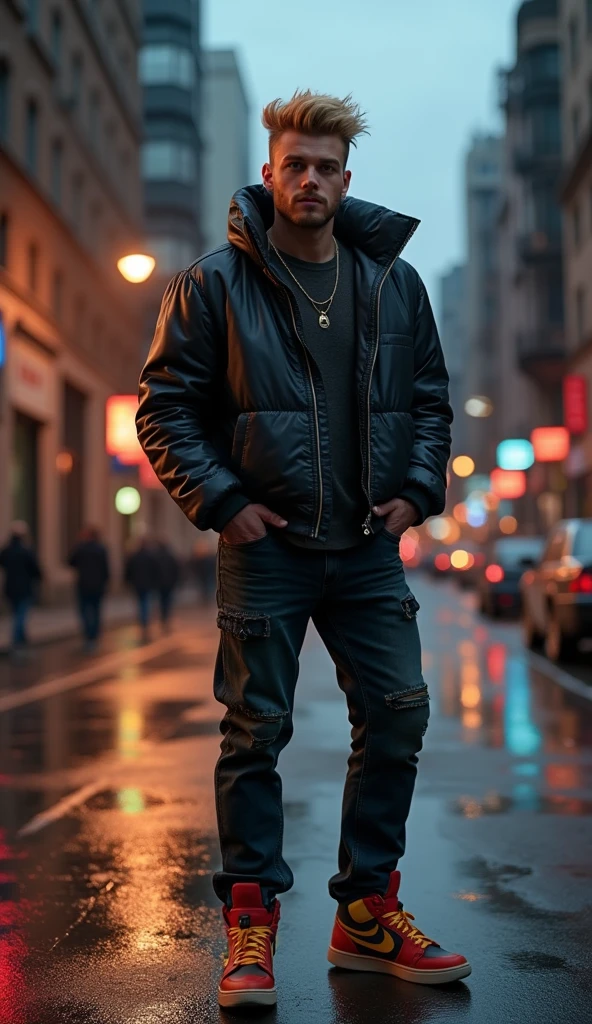 grown-up_naughty man, blond_body hair, maroon_eyeballs, blackw_jaket, jeans, tennis, Urban_context, streetLumieres, natta_Lumiere, citys_fund, realisitic_styled, portraite_outlet, Clouded_sky, (work of art, high qualiy, best qualityer:1.3), extremely detaild, extremely complex, realisitic, hyperrealisitic, fine texture, Extremely high resolution details, natural Lumiereing,