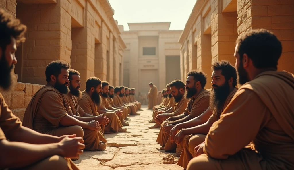 A low camera angle shows the Sumerian city in the background, while a group of scribes works in a marketplace. The sound of chants and murmurs can be heard as social interactions are depicted. Canon C300 Mark III; 24-70mm Zoom Lens.