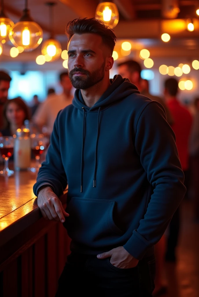 Tanned light-skinned man, stubble wearing a dark blue hoodie, and black pants, in a bar