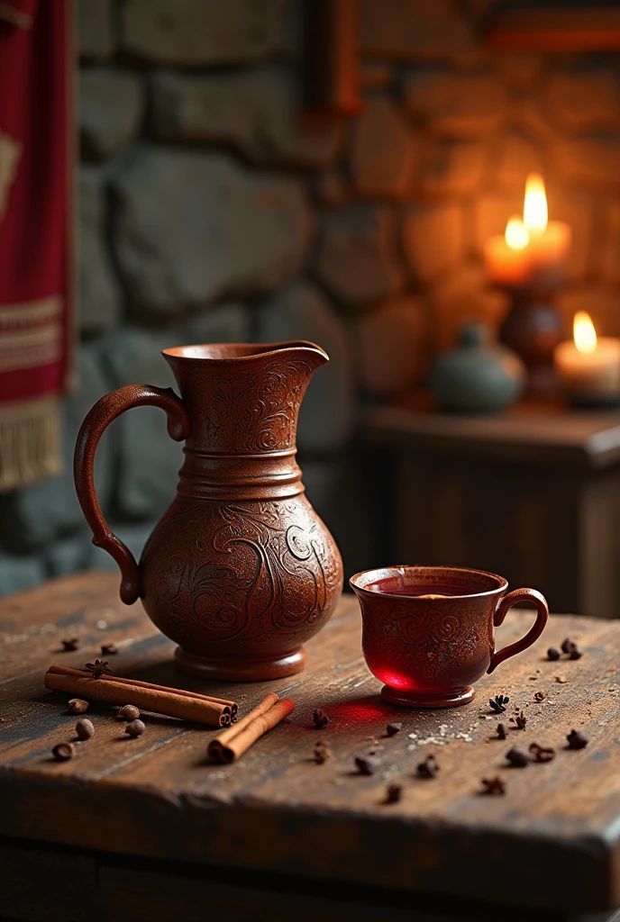 photo realist, table with a jug and cup containing a spiced wine called Hippocras, middle age, spices like cinnamon around , aesthetic medieval