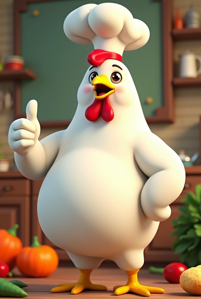 A white rooster with a somewhat athletic body wearing a chef's hat with its thumb up, not realistic. I want it to look like a cartoon style, even less realistic, more animated, and completely unrealistic.
