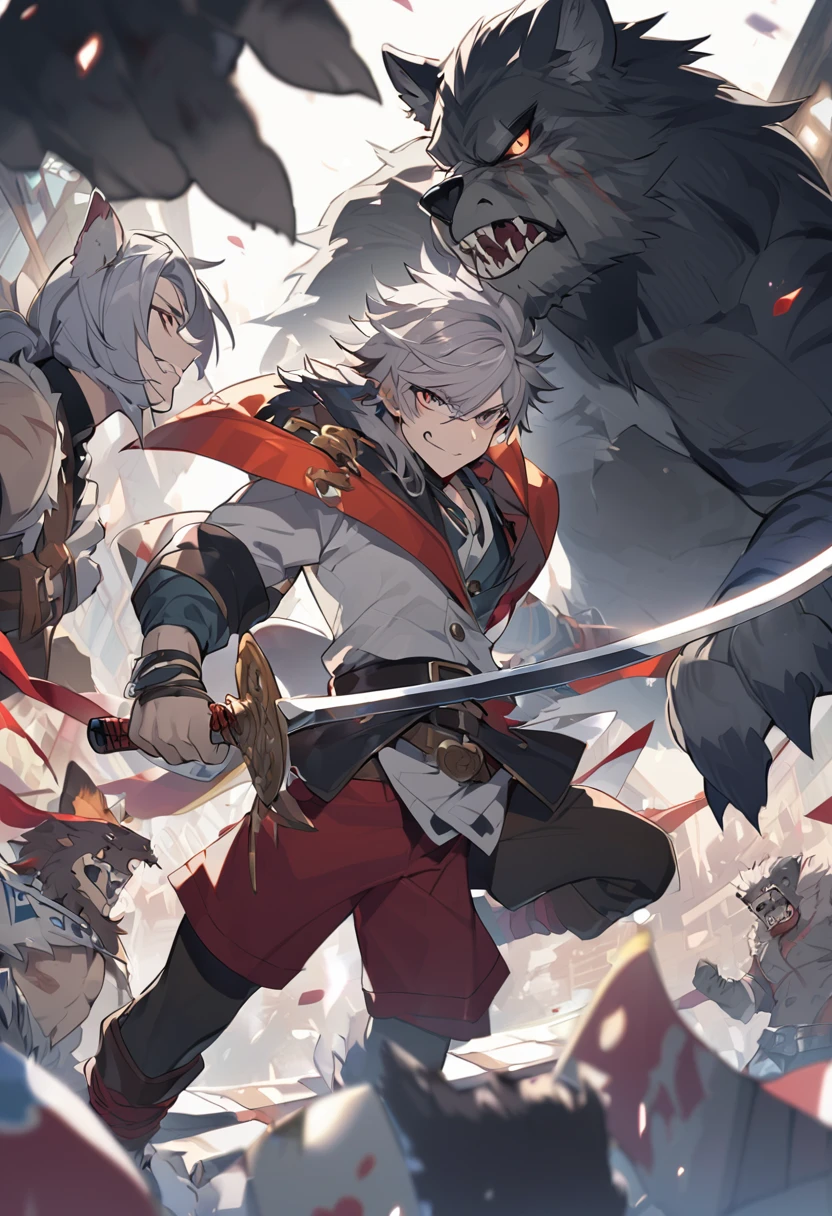 Shota、furru、Werewolf、Brave Clothes、With two swords、Poker face、Gray hair、Scars、male