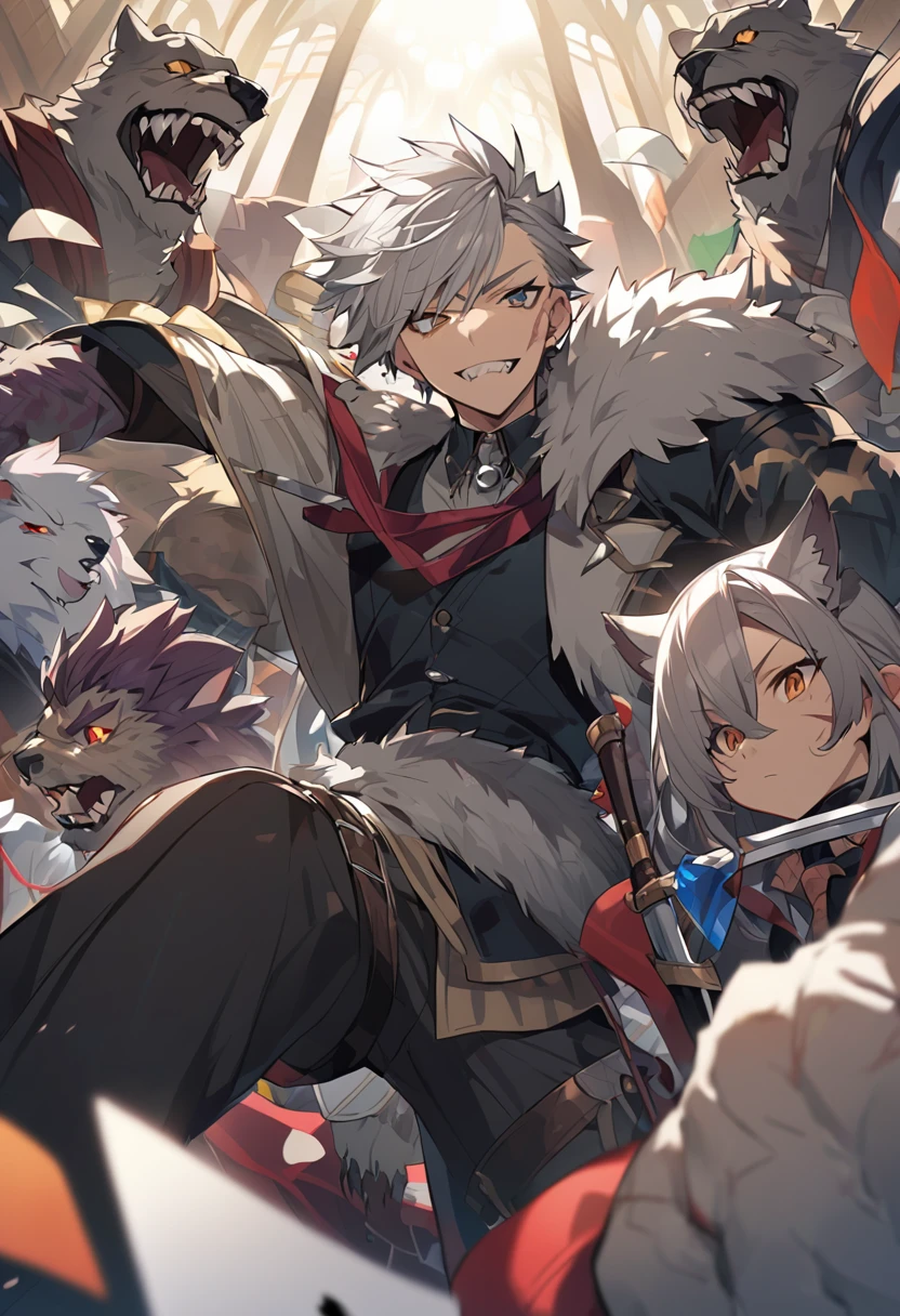 Shota、furru、Werewolf、Brave Clothes、With two swords、Poker face、Gray hair、Scars、male