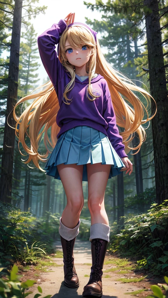 Create an image of Pacifica Northwest from Gravity Falls. She is a teenage girl with long, wavy blonde hair and blue eyes. She often wears a purple headband and a stylish, preppy outfit, typically featuring a purple sweater, a white skirt, and matching purple boots. The background should reflect the whimsical, mysterious atmosphere of Gravity Falls with elements like pine trees, a spooky forest, and perhaps the iconic Mystery Shack in the distance.