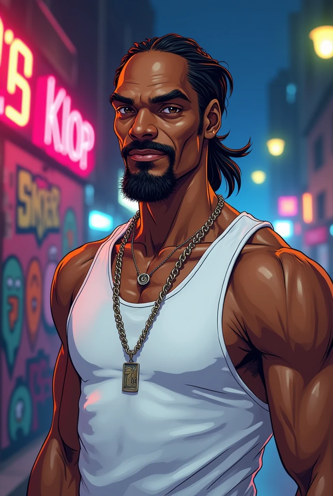 Man in white tank top, with beard, anime art, Snoop Dogg anime main look, finely detailed perfect face, very high quality art, directed gaze