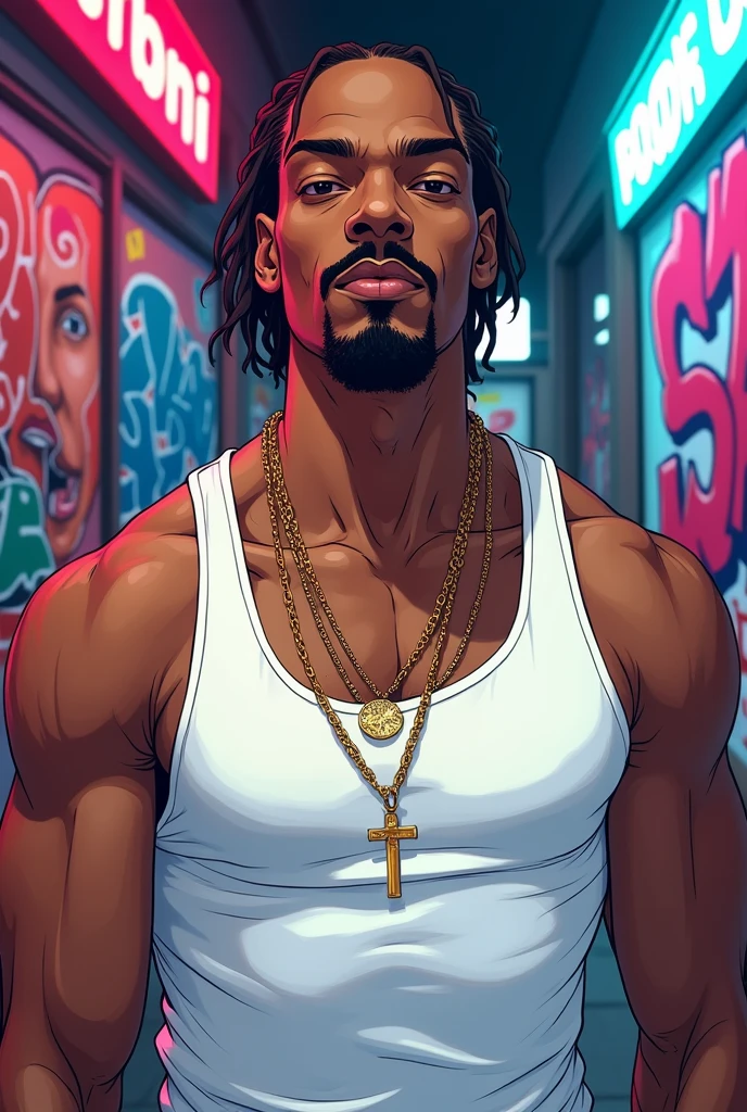 Man in white tank top, with beard, anime art, Snoop Dogg anime main look, finely detailed perfect face, very high quality art, directed gaze
