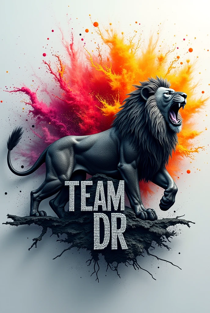 3d, colorful splash of black and whaite whis the metallic text text name "TEAM DR" Written in diamonds and lion.