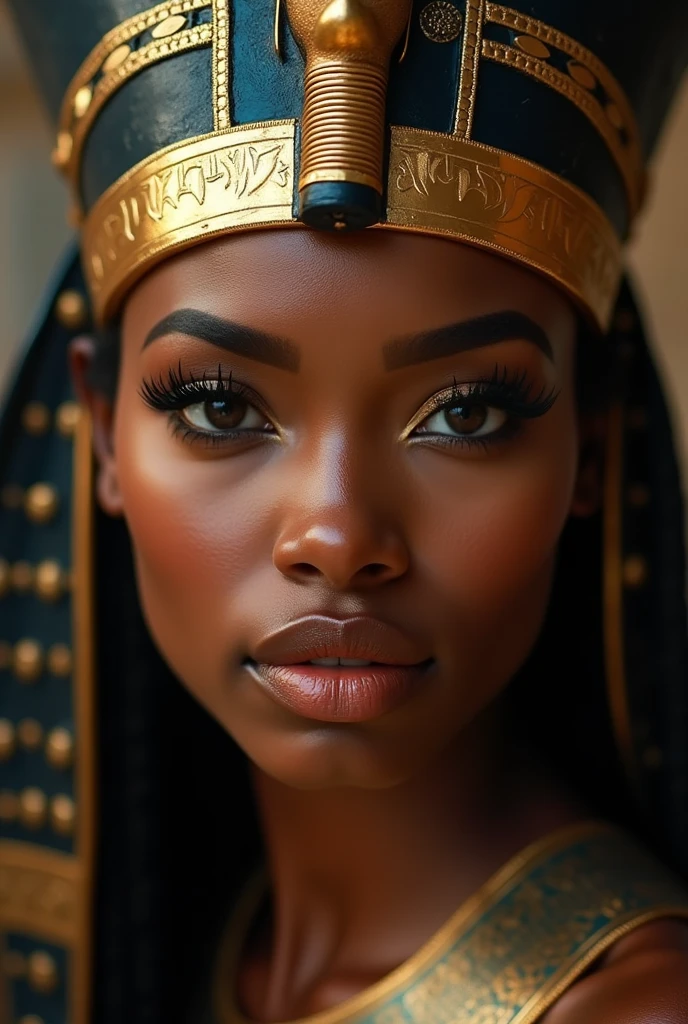 extreme CLOSeUP HEADSHOT OF A BLACK BEAUTIFUL DARK SKIN BLACK WOMAN WITH ( luscious LIPS: 1.2) IN A PHARAOH HEADPIECE WITH thick EGYPTIAN MAKEUP and eyeliner. Her head facing the camera at a 90 degree angle looking directly at the camera. the lighting is cinematic overhead lighting