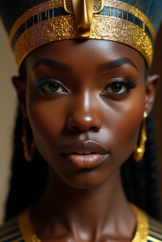 extreme CLOSeUP HEADSHOT OF A BLACK BEAUTIFUL DARK SKIN  BLACK WOMAN  WITH ( luscious LIPS: 1.2)  IN A PHARAOH HEADPIECE WITH thick EGYPTIAN MAKEUP and eyeliner.  Her head facing the camera at a 90 degree angle looking directly at the camera. the lighting is cinematic overhead lighting