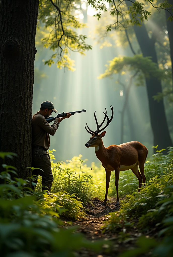 I want a caatinga deer in the middle of the forest in Brazil and the hunter killing it with a shotgun.