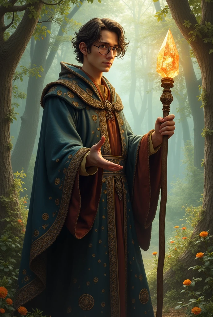 human wizard with short, wavy, dark brown hair wearing glasses and a medieval robe