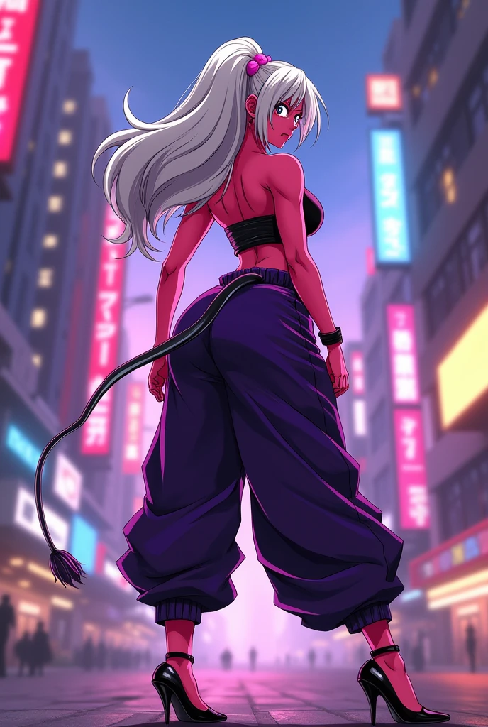 Android 21 from dragonball, black sclera, pink skin, tube top, bracelet, harem pants, high heels, tail, white hair, big belly, thick thights, pov from behind, teasing butt?