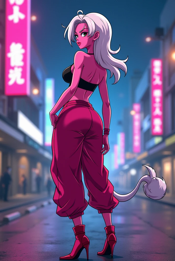 Android 21 from dragonball, black sclera, pink skin, tube top, bracelet, harem pants, high heels, tail, white hair, big belly, thick thights, pov from behind, teasing butt?