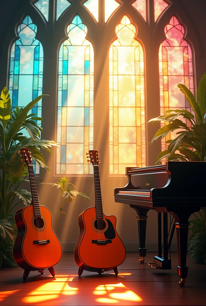 Create an 8k image for a Christian music YouTube channel featuring musical instruments, vibrant colors, and beauty. 