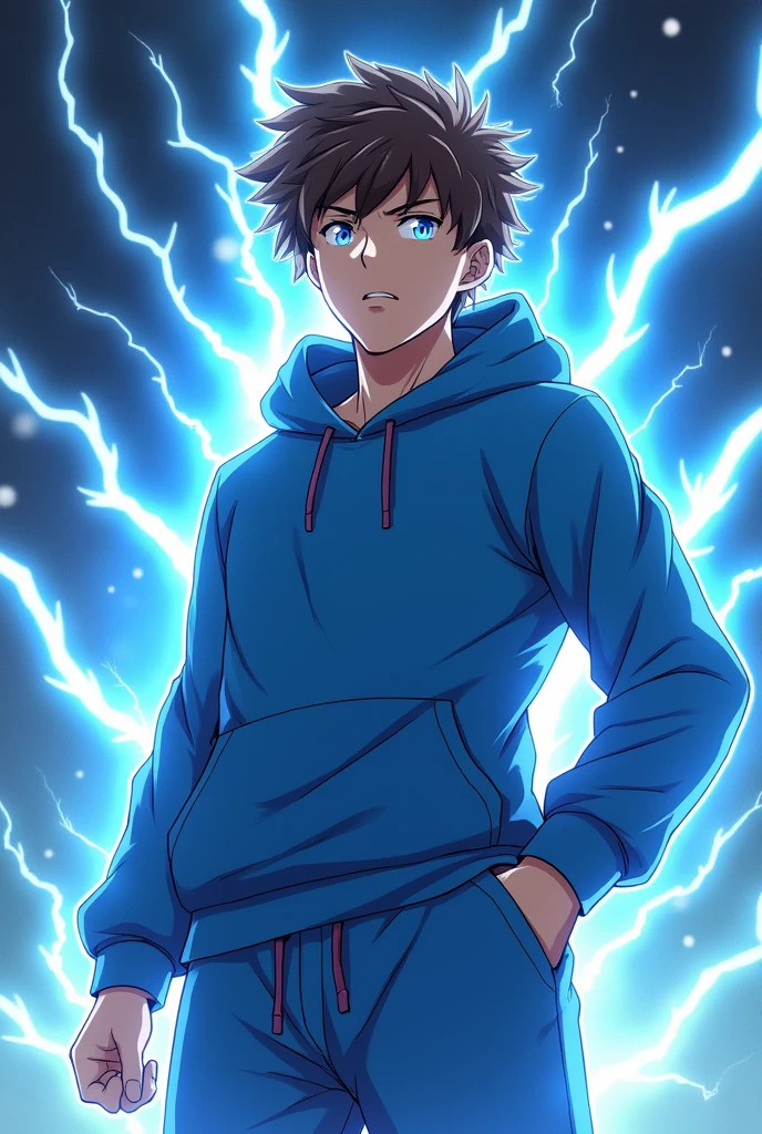anime style guy with, brown hair blue eyes, with a electric affect coming from his eyes, his wearing a blue hoodie, blue sweat pants, his in a battle pose make him look older with a little facial hair and remove the back ground but keep the electricity and show his full body
 