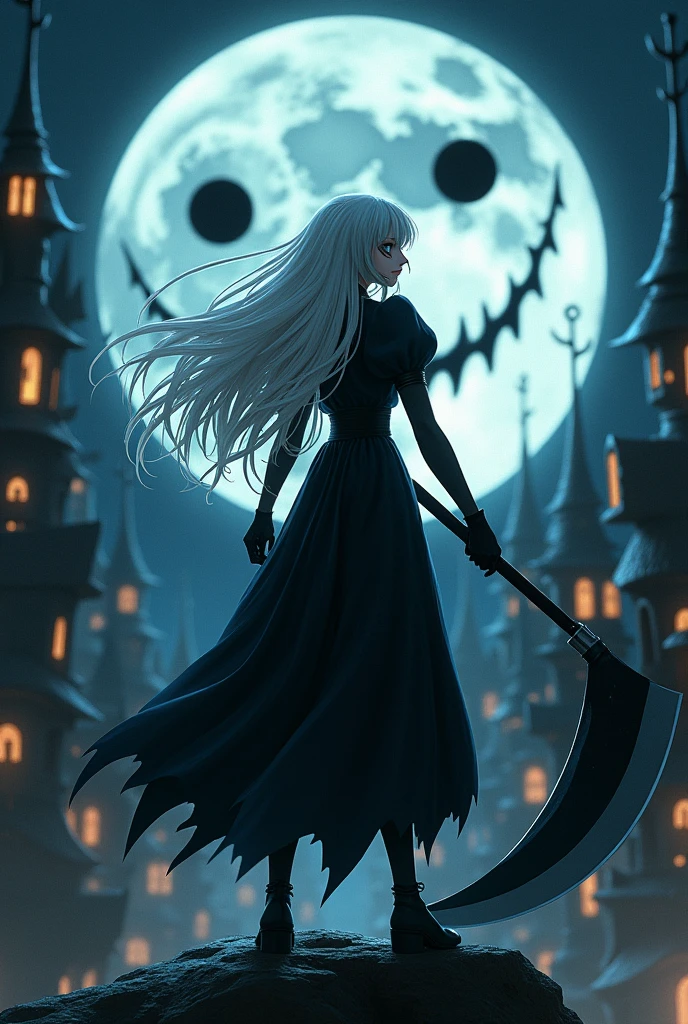 A young woman similar to and with the same clothes as Maka from the anime Soul Eater. But with the appearance and body of a 20 year old girl. Long, loose white hair, flying in the wind. Average height. She has a large scar in the middle of her face. She is holding a large scythe, using both hands. She wears black gloves on her hand. The setting is a city at night, in a style reminiscent of Tim Burton films and with a half-moon in the shape of a smiling face.
