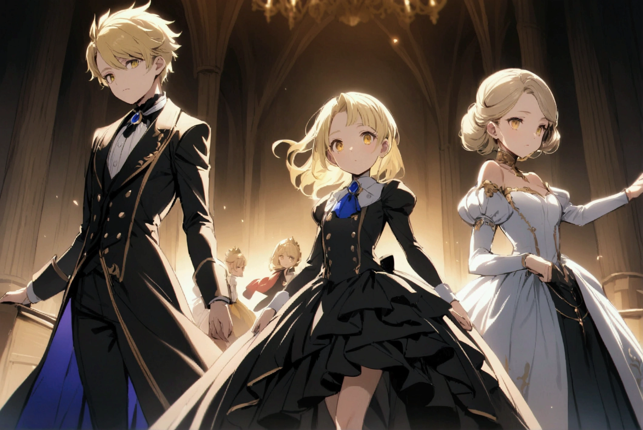 Three children, two princes and a princess, with black and blonde hair, black and yellow eyes, elegant