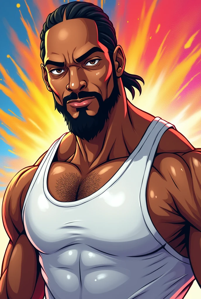 Man in white tank top, with beard, anime art, visual principal de anime de Snoop Dogg, finely detailed perfect face, very high quality art, directed gaze