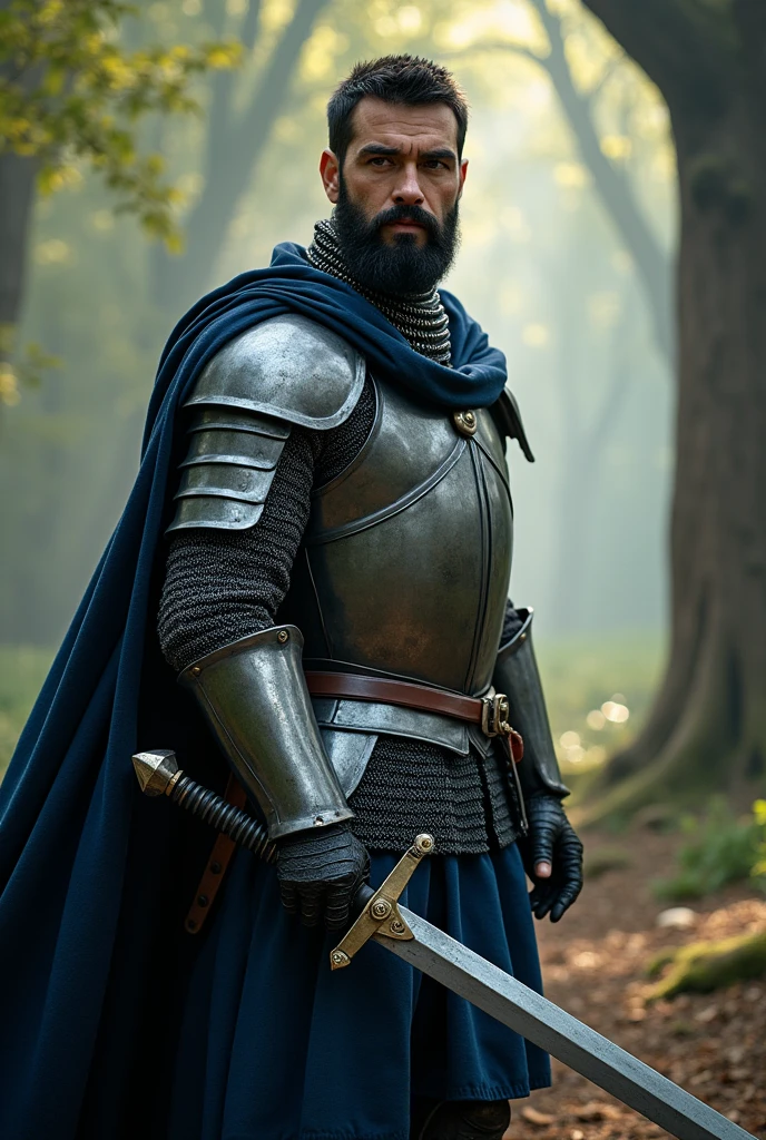 (Photorealism:1.2), He is a 27 year old human knight with a short black beard.. He is 1.80 meters tall., il n'a pas de gants. His right hand is black with scales. Il a une épée en fer. He wears chainmail with a midnight blue short-sleeved top..