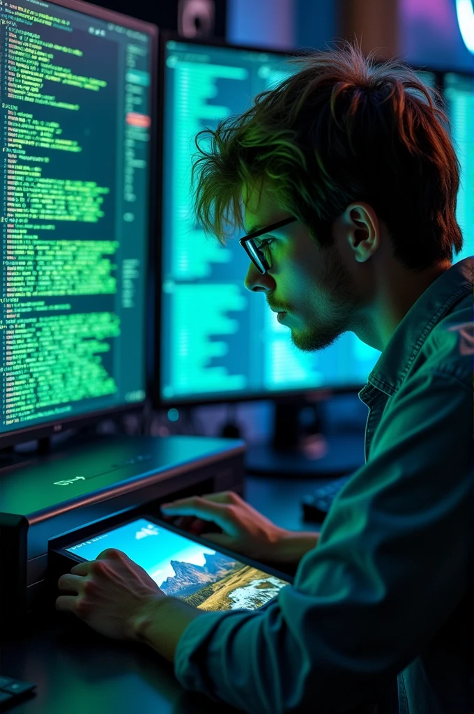 Une image où tu es entouré de plusieurs écrans d'ordinateur avec du code à l’écran, mais aussi en train de “développer” une photo en train de sortir d’une imprimante