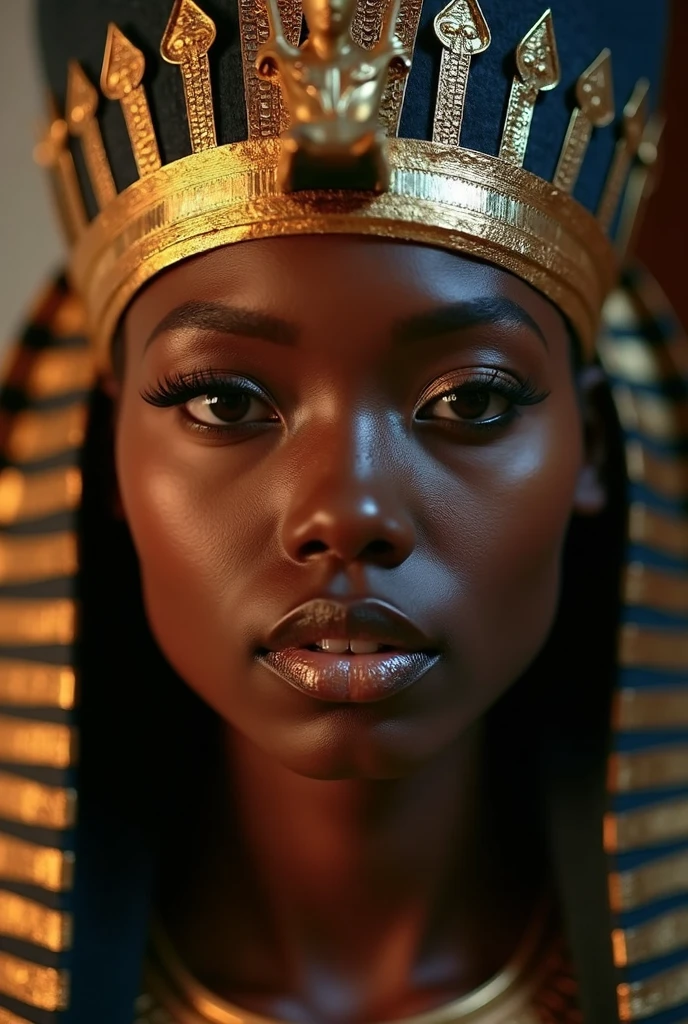 extreme CLOSeUP HEADSHOT OF A BLACK BEAUTIFUL DARK SKIN BLACK WOMAN WITH ( luscious LIPS: 1.2) IN A PHARAOH HEADPIECE WITH thick EGYPTIAN MAKEUP and eyeliner. Her head facing the camera at a 90 degree angle looking directly at the camera. the lighting is cinematic overhead lighting
