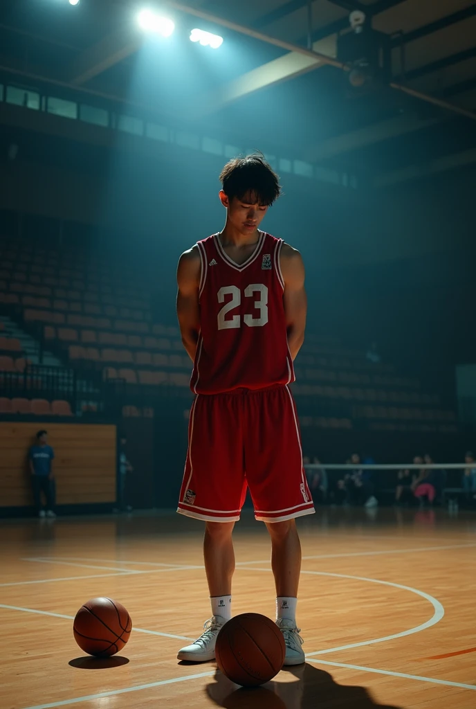 Japanese man with tears streaming down his eyes, showing a strong emotion of sadness after losing in the basketball game.