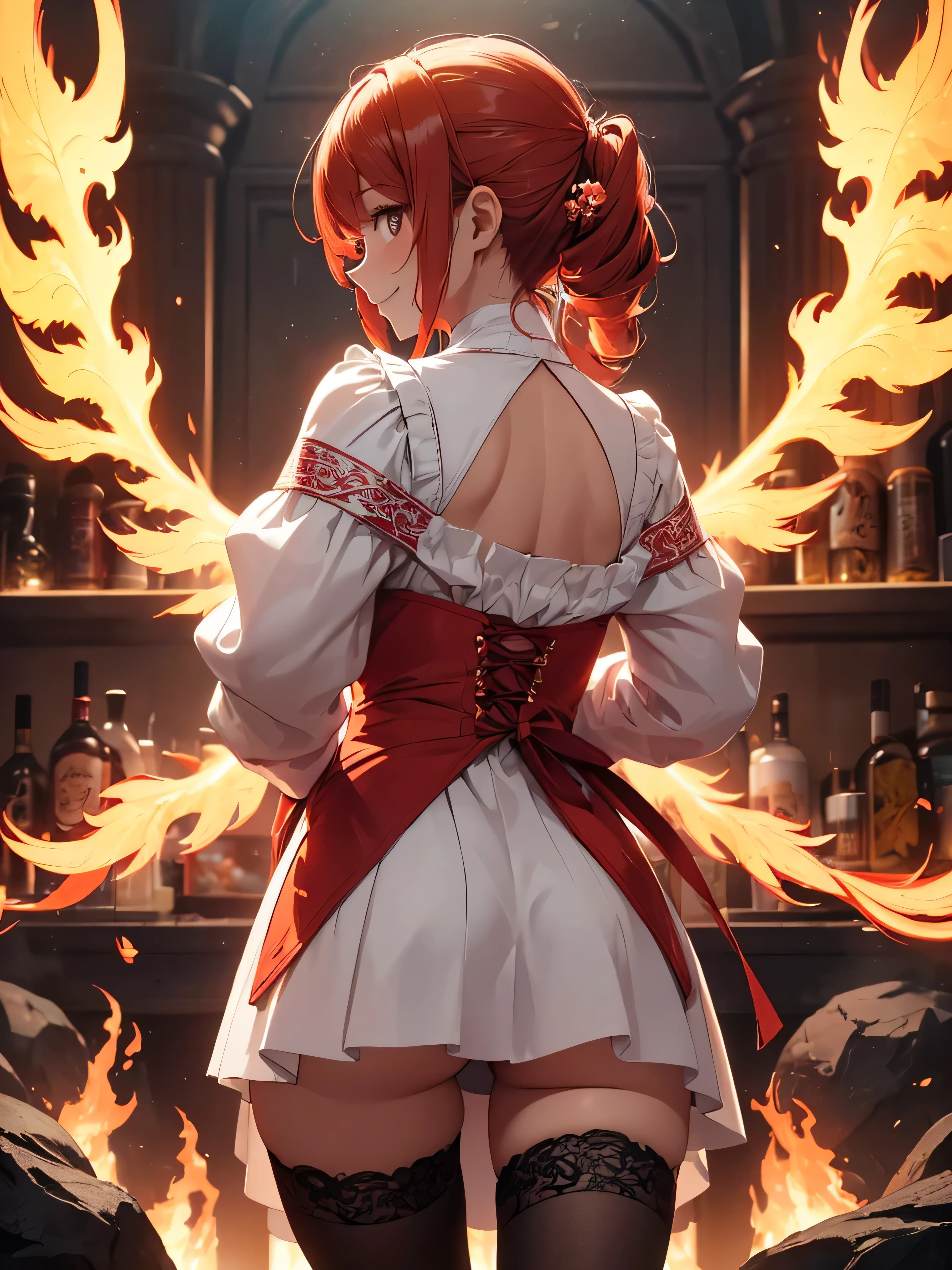 (((best quality, sharp image, clear image, cinematic lighting, 8k resolution, masterpiece, ultra detailed, intricate))) Girl, (((looking over left shoulder))), (shot from behind), ((shot from hip up)), fiery red hair, pigtails, ((white dress)), ((flaming sigils, flaming runes)), spiky rock formations, (flaming lotus flowers frame), (intricate background), ((Phoenix)), (swirling flames), smiling, long sleeves, stockings