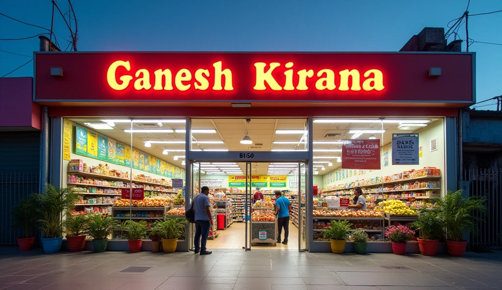 A BIG SUPERMARKET STORE NAMED AS GANESH KIRANA IN ENGLISH IN MORNING 