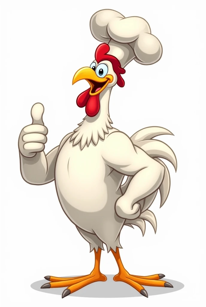 A white rooster that looks somewhat athletic with a chef's hat with his thumb up, not realistic, and I want it to look like a cartoon, even less realistic, more animated like Looney Tunes with nothing else around.