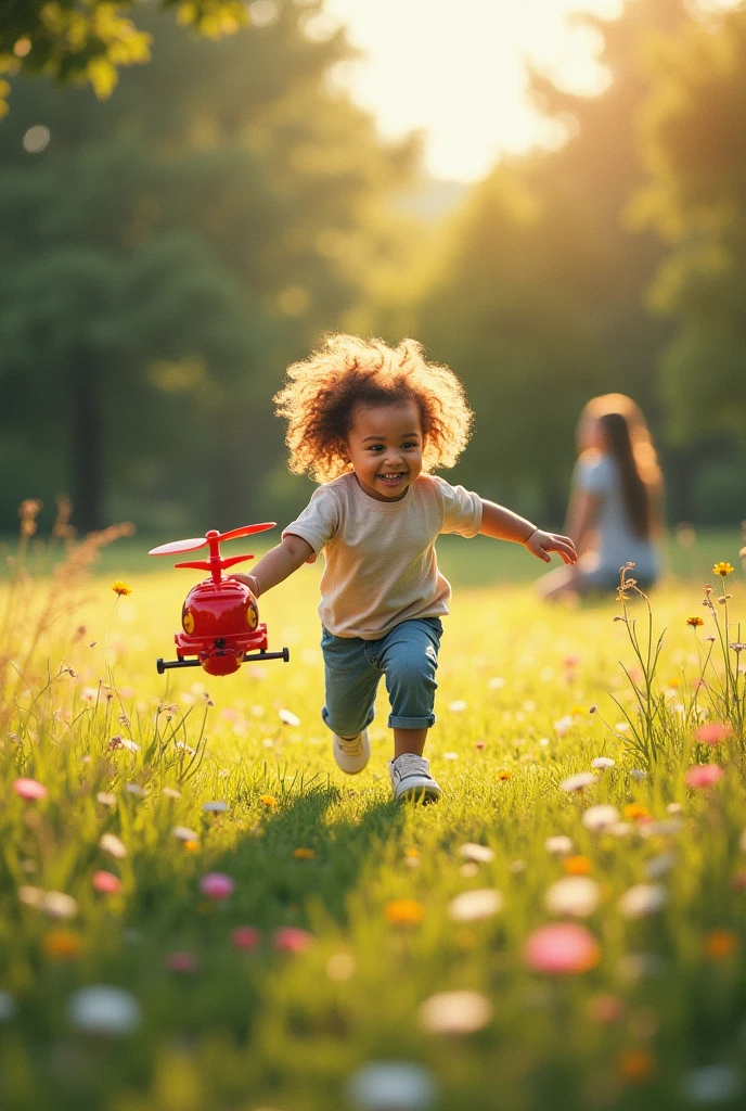 Generate a child girl running to her mom with a small toy helicopter 