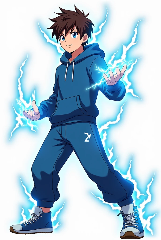 anime style guy with, brown hair blue eyes, with a electric affect coming from his eyes, his wearing a blue hoodie, blue sweat pants, his in a battle pose make him look older with a little facial hair and remove the back ground but keep the electricity and show his full body with his legs
 