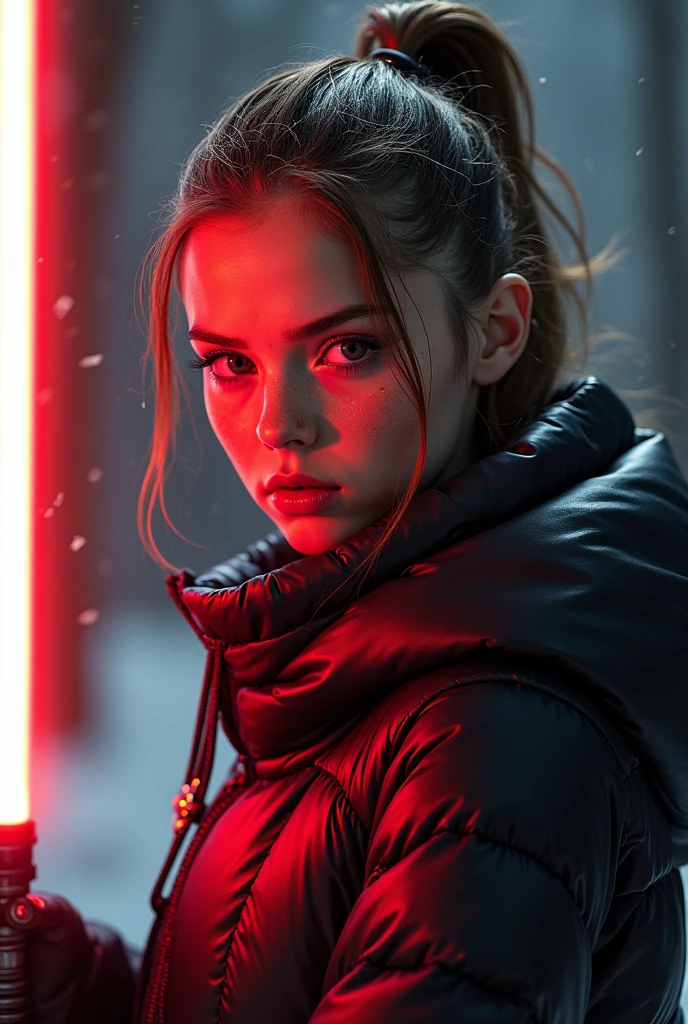  a slim ponytail 16 year old angry fire-eyed sith wielding her bright lightsaber, she is battling with her slim nemesis,beautiful detailed eyes,beautiful freckles,beautiful detailed lips,extremely detailed eyes and face,longeyelashes, wearing beautiful detailed skintight airtight covering-head hooded formfitting duvetica overfilled shiny super gleamy  thick glossy puffervest covering over her  padded high-collared pufferjacket, glossy latex  leggings,symmetrical,masterpiece,cinematic,lifelike,hyperrealistic,8k,photorealistic,highly detailed,intricate,exquisite,elegant,beautiful,stunning