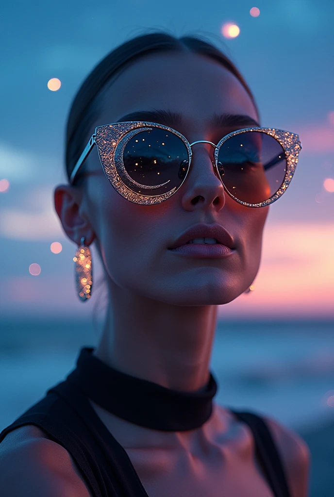 The model is wearing glass sunglasses with stars and the moon on the glass