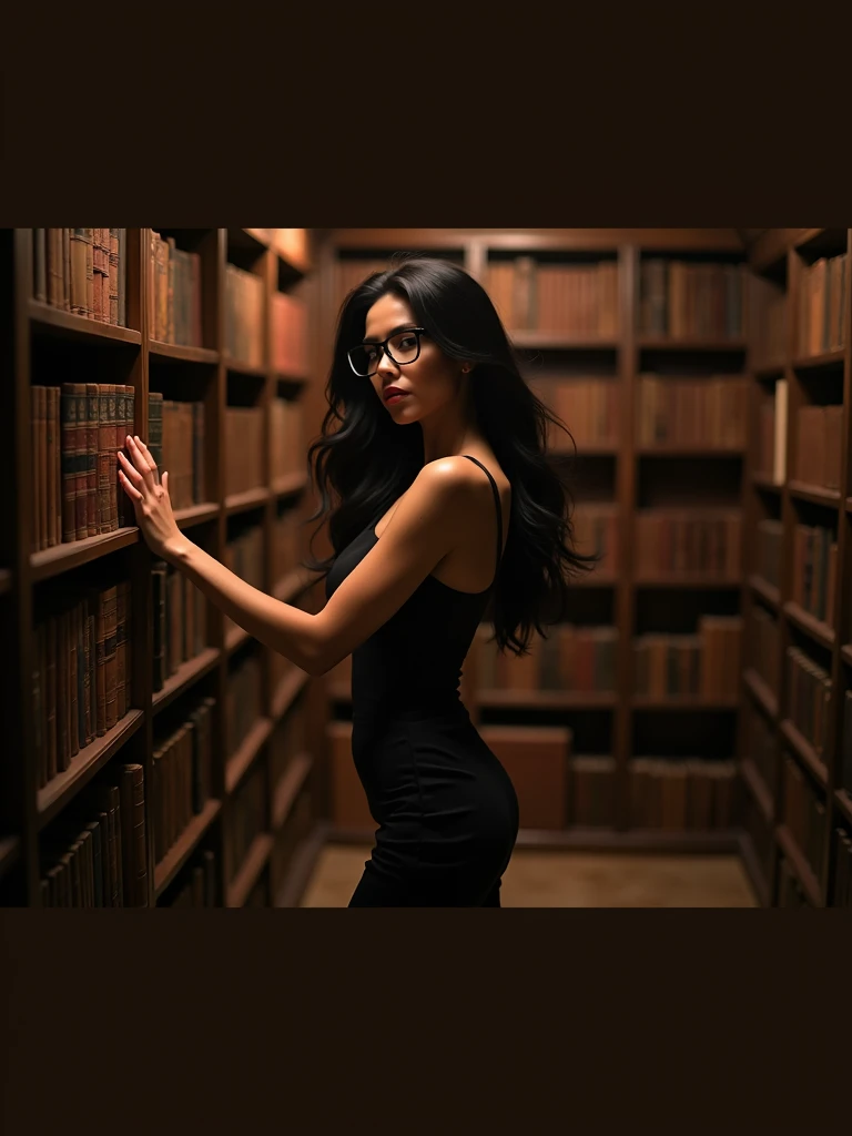 ultra realistic photography of a beautiful 48 years old woman, black hair, she wears black Christian Louboutin shoes, black pencil dress, hourglass shaped body, black prescription glasses,. The woman is choosing books in an old library, sensual photoshoot, studio photography,