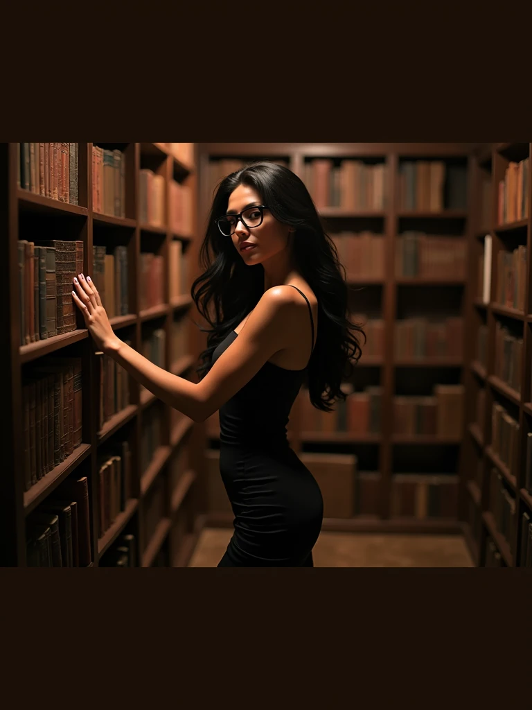 ultra realistic photography of a beautiful 48 years old woman, black hair, she wears black Christian Louboutin shoes, black pencil dress, hourglass shaped body, black prescription glasses,. The woman is choosing books in an old library, sensual photoshoot, studio photography, 