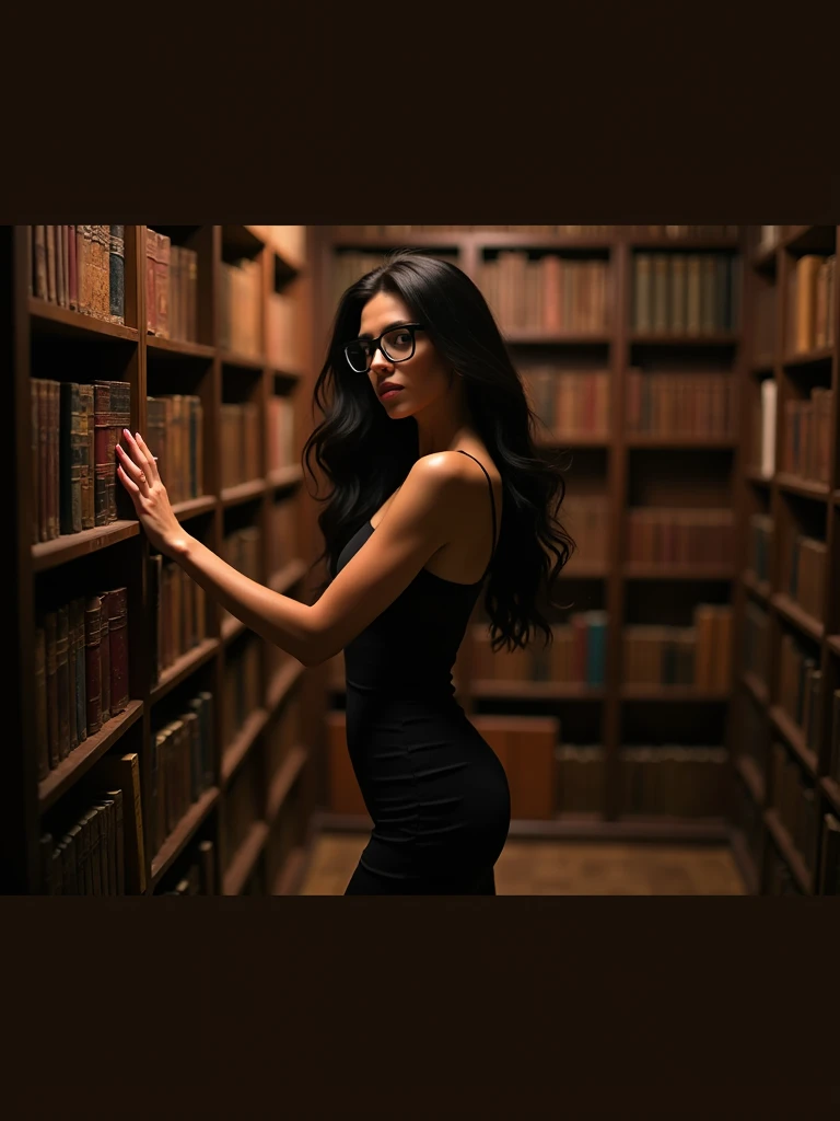 ultra realistic photography of a beautiful 48 years old woman, black hair, she wears black Christian Louboutin shoes, black pencil dress, hourglass shaped body, black prescription glasses,. The woman is choosing books in an old library, sensual photoshoot, studio photography, 